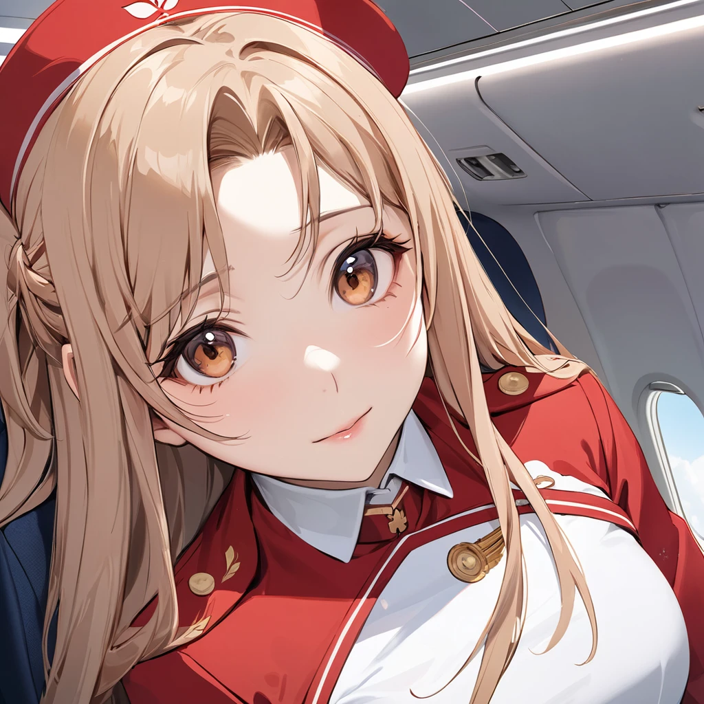 ((Highest quality)), ((masterpiece)), (detailed), (Perfect Face)、The woman is a Chinese woman with light brown, medium-long hair, named Yuuki Asuna, a flight attendant for Air China.、The woman is wearing the red uniform of an Air China flight attendant.
