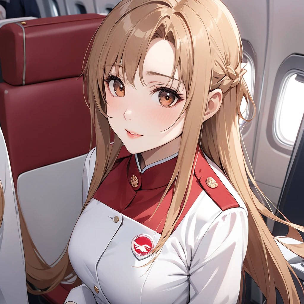 ((Highest quality)), ((masterpiece)), (detailed), (Perfect Face)、The woman is a Chinese woman with light brown, medium-long hair, named Yuuki Asuna, a flight attendant for Air China.、The woman is wearing the red uniform of an Air China flight attendant.