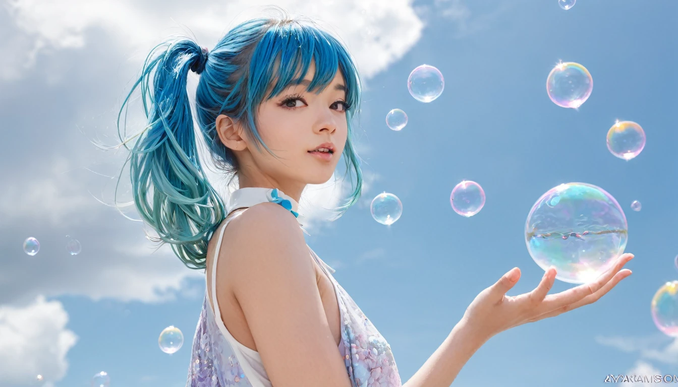 (masterpiece), (Highest quality), (Super detailed),(Dish-shaped hair),(figure), (One girl), (Fashionable clothes), Are standing, Fashion Model, View your viewers, (interview), (Simple Background), Beautiful and delicate eyes, delicate beauty, floating, (High saturation), (Colorful Splash), Colorful bubbles, (Shine), Focus on the face, ponytail, Ayaka Kamisato, Light blue hair, bangs, Hair Circle, floating flowers, Flowing Hair, (Shiny), Best lighting, Best Shadow, whole body, Overlooking