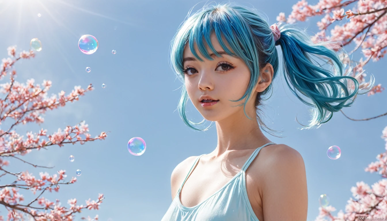 (masterpiece), (Highest quality), (Super detailed),(Dish-shaped hair),(figure), (One girl), (Fashionable clothes), Are standing, Fashion Model, View your viewers, (interview), (Simple Background), Beautiful and delicate eyes, delicate beauty, floating, (High saturation), (Colorful Splash), Colorful bubbles, (Shine), Focus on the face, ponytail, Ayaka Kamisato, Light blue hair, bangs, Hair Circle, floating flowers, Flowing Hair, (Shiny), Best lighting, Best Shadow, whole body, Overlooking