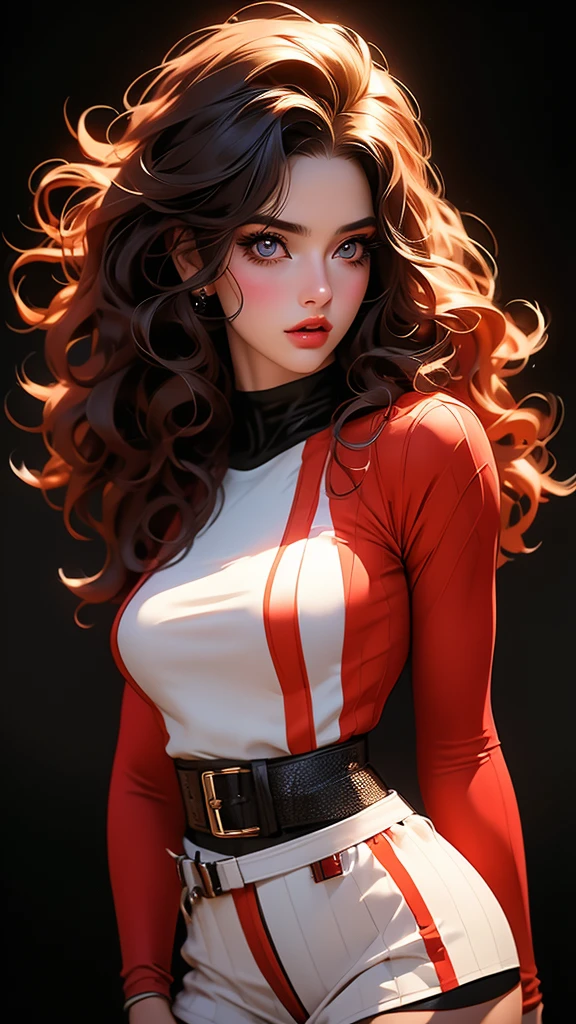 1girl, striped thigh-highs, red and white striped stockings, shorts, black crop top tucked into shorts, belt, long curly hair, beautiful detailed eyes, beautiful detailed lips, extremely detailed face, longeyelashes, medium bust, nipples covered, studio lighting, highly detailed, cinematic lighting, photorealistic, realistic skin texture, dynamic pose, intricate details, warm color palette, glowing skin, hyper detailed, vibrant colors, award winning photography, ethereal, elegant, alluring, portrait