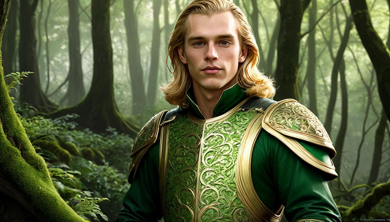 Niels Visser is a prince with golden blonde hair, Wearing moss green medieval military uniform, Staring forward with a sharp emerald green gaze. whole body, art:Greg Rutkowski