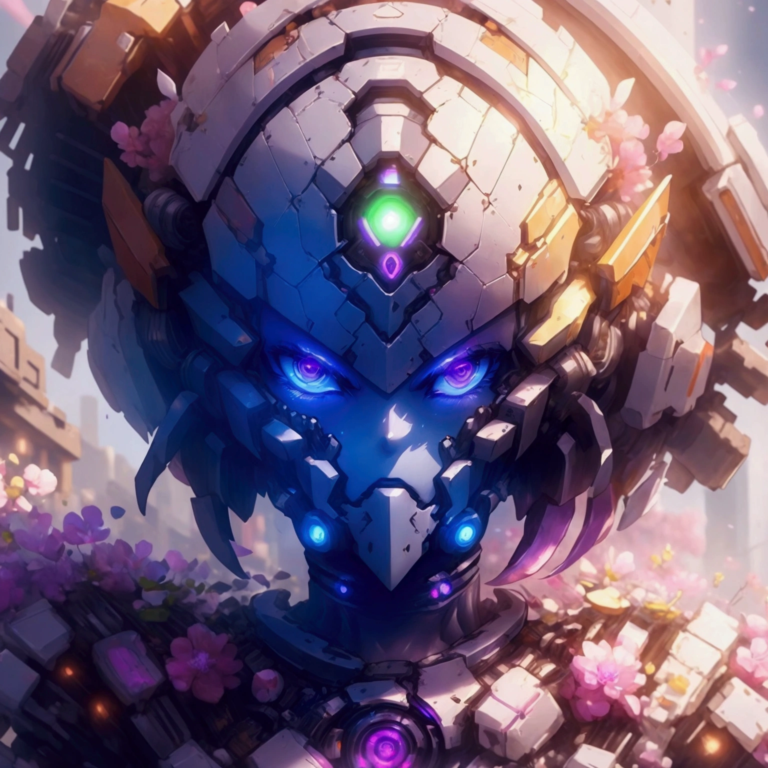 ((melhor qualidade)), ((obra de arte)), (Altamente detalhado:1.3), 3D, lindo (Ciberpunk:1.3) A futuristic android awakening in the ruins of a neon-lit city, with glowing purple eyes and advanced technology, amidst remnants of ancient battles