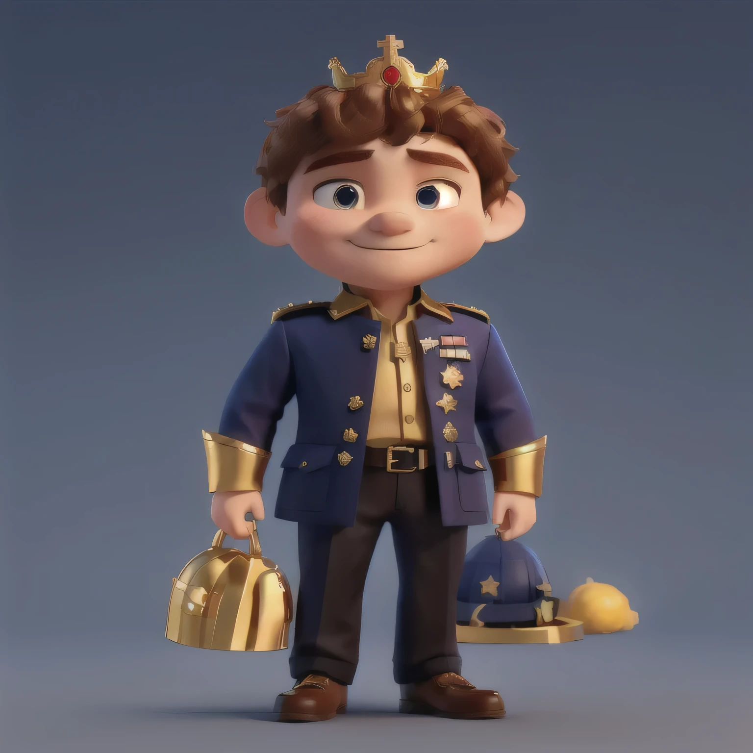 3d character in blue military uniform with golden shirt, chestnut hair, crown on head, various angles, front, shoreline, right side, left side