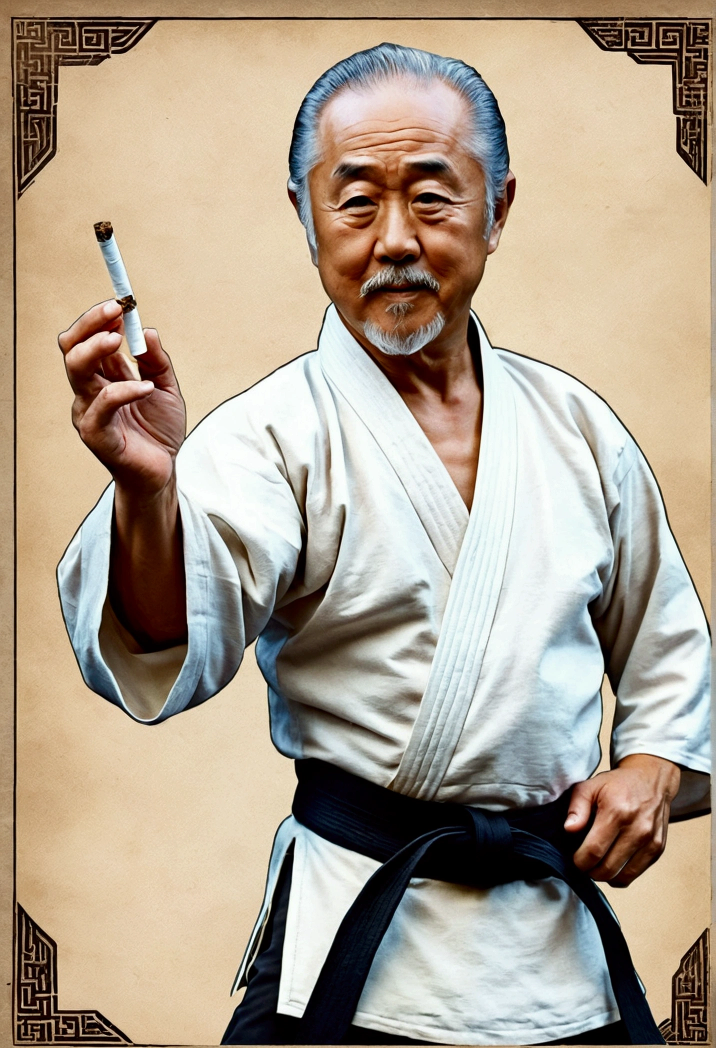 ACTOR PAT MORITA cigarette card, o sr. MIYAGI EM KARATE ???, detailed portrayal, vintage illustration, high resolution, lifelike colors, intricate drawing, aged paper texture, swirly vibrant colors, dramatic lighting, full body shot shot, Nevada six, nothing but an entirely white kimono and a black belt at the waist