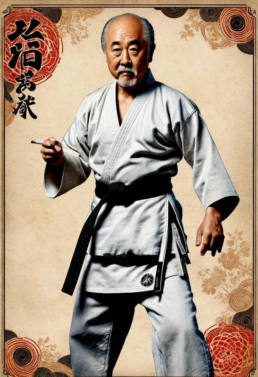 ACTOR PAT MORITA cigarette card, o sr. MIYAGI EM KARATE ???, detailed portrayal, vintage illustration, high resolution, lifelike colors, intricate drawing, aged paper texture, swirly vibrant colors, dramatic lighting, full body shot shot, Nevada six, nothing but an entirely white kimono and a black belt at the waist
