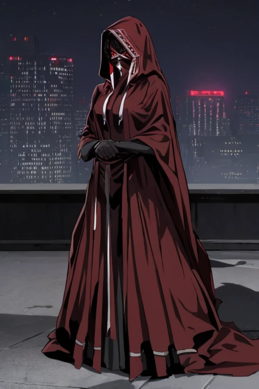 No name assassin, red eyes, cloak, robe, black hair, long skirt, mask, hood, cape, best quality, white gloves. masterpiece, solo, 1girl, standing, sexy pose, city, night