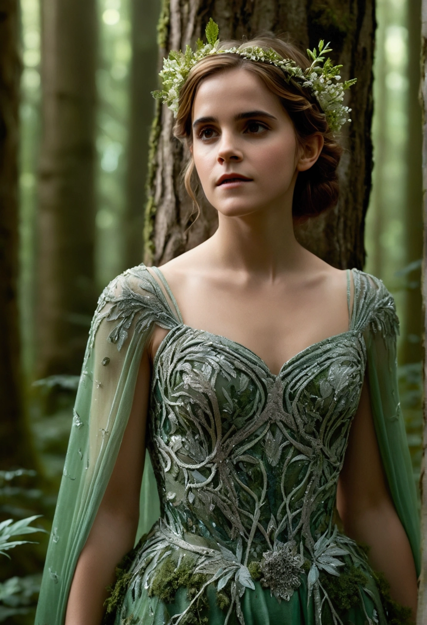 Cinematic photo of Emma Watson as an ethereal forest guardian, capturing her grace and mystical presence in a magical woodland setting.Emma Watson stands gracefully among ancient trees, dressed in an elegant, flowing gown made of layers of delicate, leaf-patterned silk in shades of emerald and forest green. The gown is exquisitely designed, featuring intricate, hand-embroidered vines and flowers that wind their way up from the hem to her shoulders. Shimmering, dew-like sequins are scattered across the fabric, catching the light and adding a touch of enchantment to her appearance. Her dress flows like a gentle breeze, the layers of silk creating a sense of movement even in stillness. The shades of green blend harmoniously with the forest around her, making her seem like a natural part of the woodland realm. Her hair cascades in soft waves, adorned with small, delicate flowers and leaves that further emphasize her connection to nature. The background is a lush, vibrant forest bathed in the soft, dappled light of early morning. Rays of sunlight filter through the canopy, creating a dreamlike atmosphere. The trees are ancient and majestic, their trunks covered in moss and their branches adorned with leaves in varying shades of green. The high-resolution image captures every detail, from the delicate embroidery on her gown to the subtle play of light on the sequins. Her expression is serene and wise, embodying the timeless beauty and wisdom of a forest guardian. The overall composition is cinematic, with a focus on her ethereal presence and the magical ambiance of the forest setting. The lighting is soft and natural, enhancing the rich colors and intricate details of the scene. This portrait of Emma Watson as an ethereal forest guardian is a visually stunning and captivating representation of her as a protector of nature's beauty and mystery.