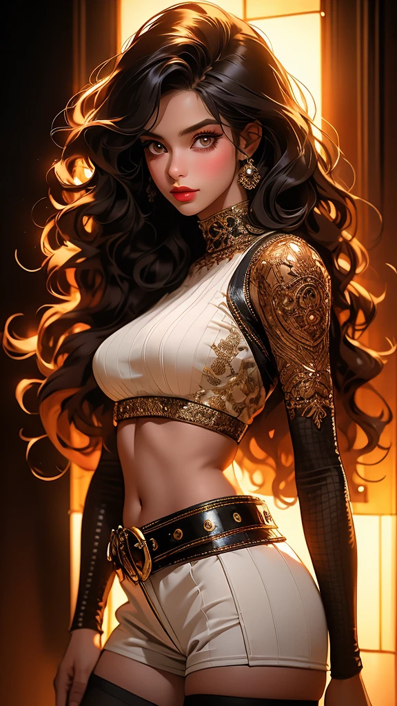 a beautiful young woman with striking, detailed eyes, wearing striped thigh-highs, red and white striped stockings, shorts, a black crop top tucked into the shorts, and a belt, with long curly hair, beautiful detailed eyes and lips, an extremely detailed face, long eyelashes, medium bust, nipples covered, under studio lighting, highly detailed, cinematic lighting, photorealistic, realistic skin texture, in a dynamic pose, with intricate details, a warm color palette, glowing skin, hyper detailed, vibrant colors, award winning photography, ethereal, elegant, alluring, portrait