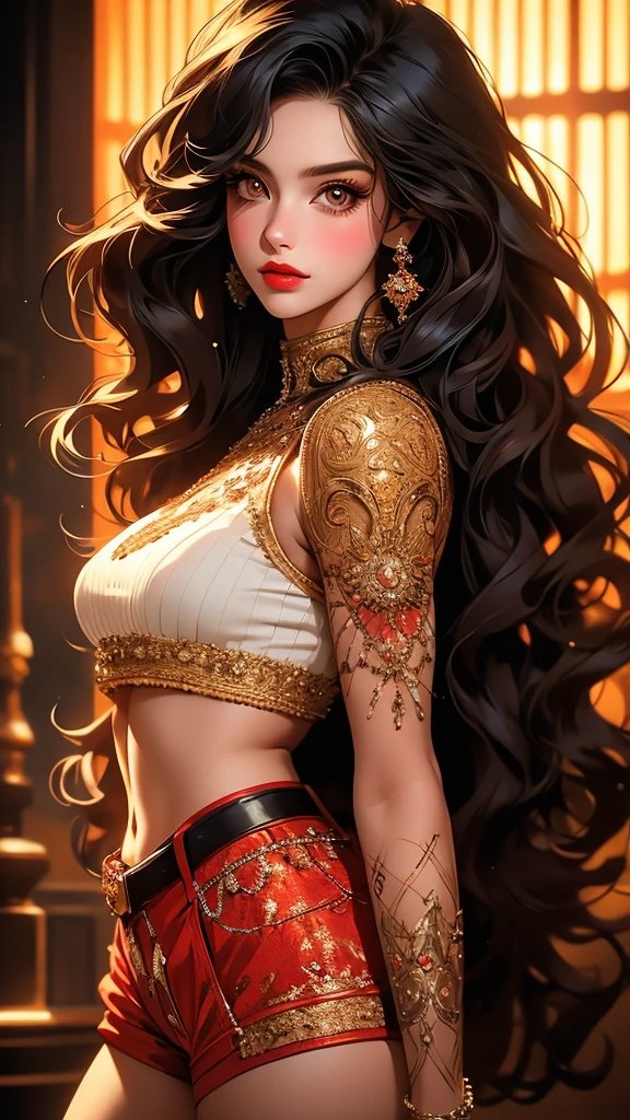 a beautiful young woman with striking, detailed eyes, wearing striped thigh-highs, red and white striped stockings, shorts, a black crop top tucked into the shorts, and a belt, with long curly hair, beautiful detailed eyes and lips, an extremely detailed face, long eyelashes, medium bust, nipples covered, under studio lighting, highly detailed, cinematic lighting, photorealistic, realistic skin texture, in a dynamic pose, with intricate details, a warm color palette, glowing skin, hyper detailed, vibrant colors, award winning photography, ethereal, elegant, alluring, portrait