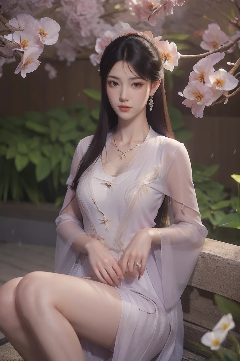 dress, ((knee shot)), fashi-girl, red lips, mature female, makeup, photorealestic、real photograph、((realisticlying:1.5))、There are white butterfly orchids around the hair，Lilac dendrobium、white lilies、1 girl in、Brown hair、floated hair、Hazy beauty、A plump chest, Nice, cleavage, slender leg, Seductive legs, posing elegantly, Have extremely beautiful facial features、Hairpin on the head、perfect hand、(springtime、raining day、butterflys、precipice)、 vectorial art、Chinese contemporary art、Soft lighting、looking-down