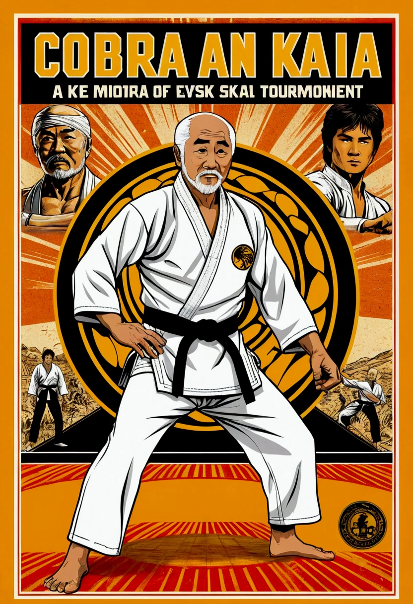 A charismatic sensei MR. MIYAGI, ACTOR PAT MORITA, in a white gi and black belt, alone. The main words of the title "Cobra Kai: Sekai Taikai Karate Tournament" on the cover of a Karate Championship poster. As secondary title "Cobra Kai Never s". Visible background of the fighting mat. illustrated in vibrant, comic book-inspired art with bold lines, dynamic poses, and radiant colors, evoking a sense of energetic chaos and Western Wrestler style, with a weathered, weathered texture feel as if it was ripped from a newsstand vintage. Orange and yellow are mainly colors like it's dawn.