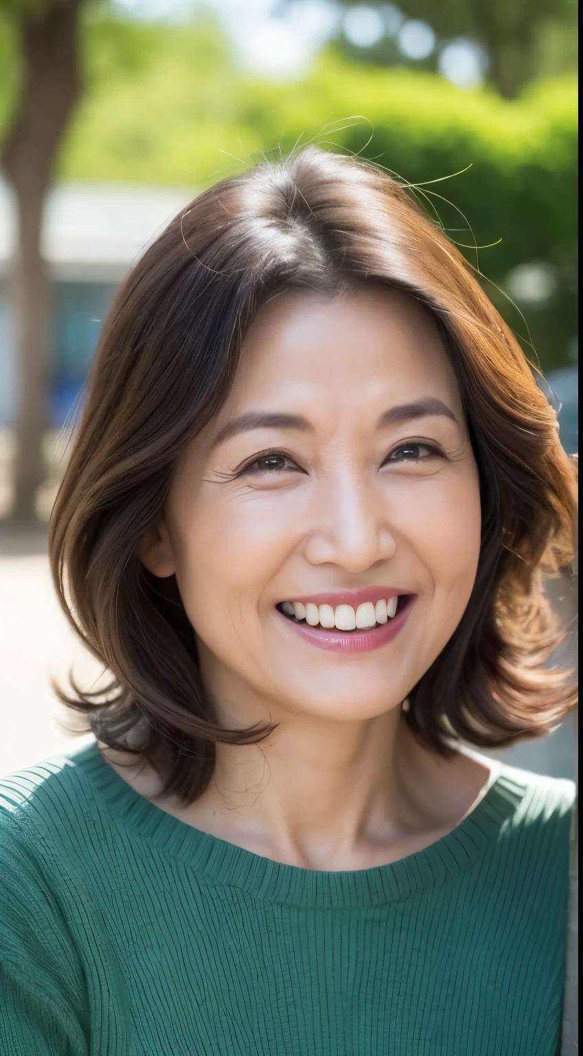 最high quality, In 8K, Masseter region, Real, Sharp focus, high quality, High resolution, Detailed face, Detailed eyes, Thick lips, (Look at the viewers), alone, Middle-aged women, , 60 years old, , Wavy Hair, , Wearing a plain short-sleeved knit, Afternoon in front of the park garden, Wrinkles around the eyes, Smiling with teeth showing