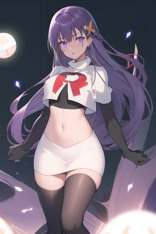 best quality, masterpiece, ElfinePhillet, purple hair, hair ornament, purple eyes, hair clover, red lips,scared, glowing magic orbs, team rocket,team rocket uniform,white skirt,red letter R,crop top,black thigh-highs,black elbow gloves