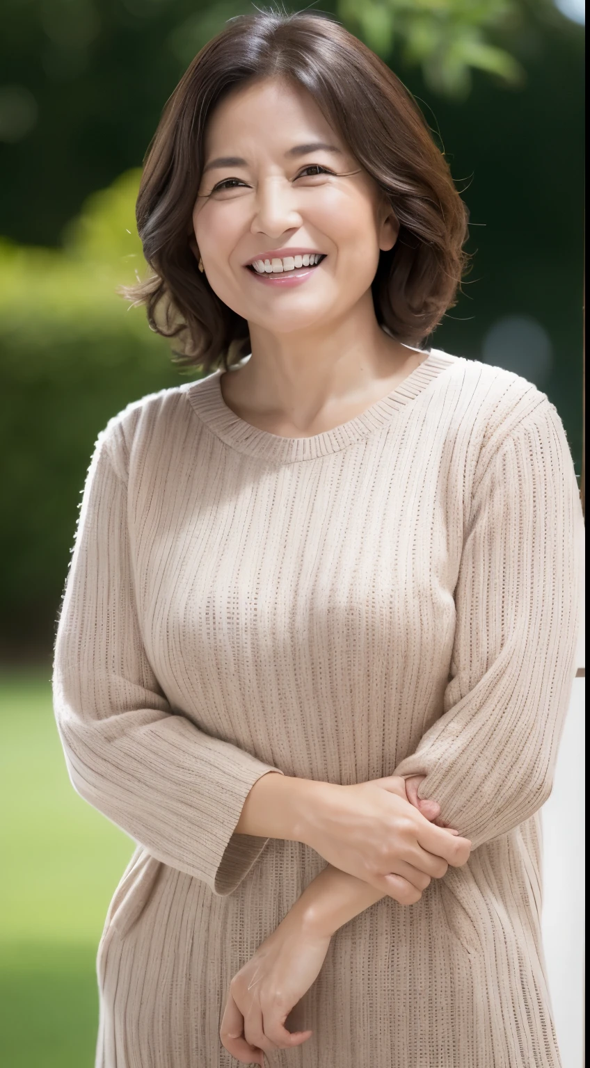 最high quality, In 8K, Masseter region, Real, Sharp focus, high quality, High resolution, Detailed face, Detailed eyes, Thick lips, (Look at the viewers), alone, Middle-aged women, , 60 years old, , Wavy Hair, , Wearing a plain short-sleeved knit, Afternoon in front of the park garden, Wrinkles around the eyes, Smiling with teeth showing