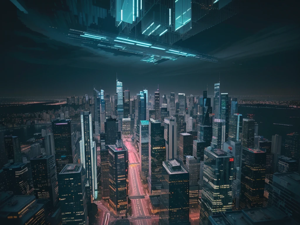 a modern city, cityscape, futuristic architecture, skyscrapers, glass and steel buildings, sleek modern design, urban landscape, busy streets, traffic, neon lights, night scene, reflections, cinematic lighting, vibrant colors, dynamic composition, wide angle view, cinematic mood, moody atmosphere, hyper-realistic, 8k, high quality, photorealistic