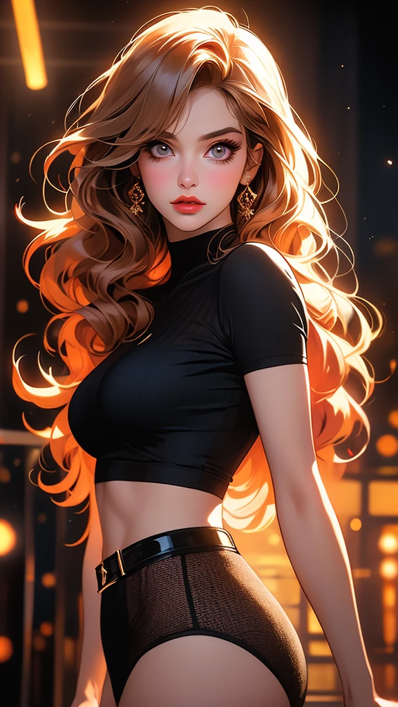 a beautiful young woman with striking, detailed eyes, wearing striped thigh-highs, red and white striped stockings, shorts, a black crop top tucked into the shorts, and a belt, with long curly hair, beautiful detailed eyes and lips, an extremely detailed face, long eyelashes, medium bust, nipples covered, under studio lighting, highly detailed, cinematic lighting, photorealistic, realistic skin texture, in a dynamic pose, with intricate details, a warm color palette, glowing skin, hyper detailed, vibrant colors, award winning photography, ethereal, elegant, alluring, portrait. Освещение в изображении должно быть мягким и атмосферным., создание мистической и сказочной атмосферы. - мистическая атмосфера. Изображение должно было иметь общее ощущение мистики и потустороннего мира., с еще большим количеством элементов фэнтези. (Идеальные детали: 1.1), (красивый и четкий фон: 1.2), (Чрезвычайно детализированная компьютерная графика, Ультра подробный, лучшая тень: 1.1), (мелко детализированные красивые глаза), ( полнометражный 1.1)