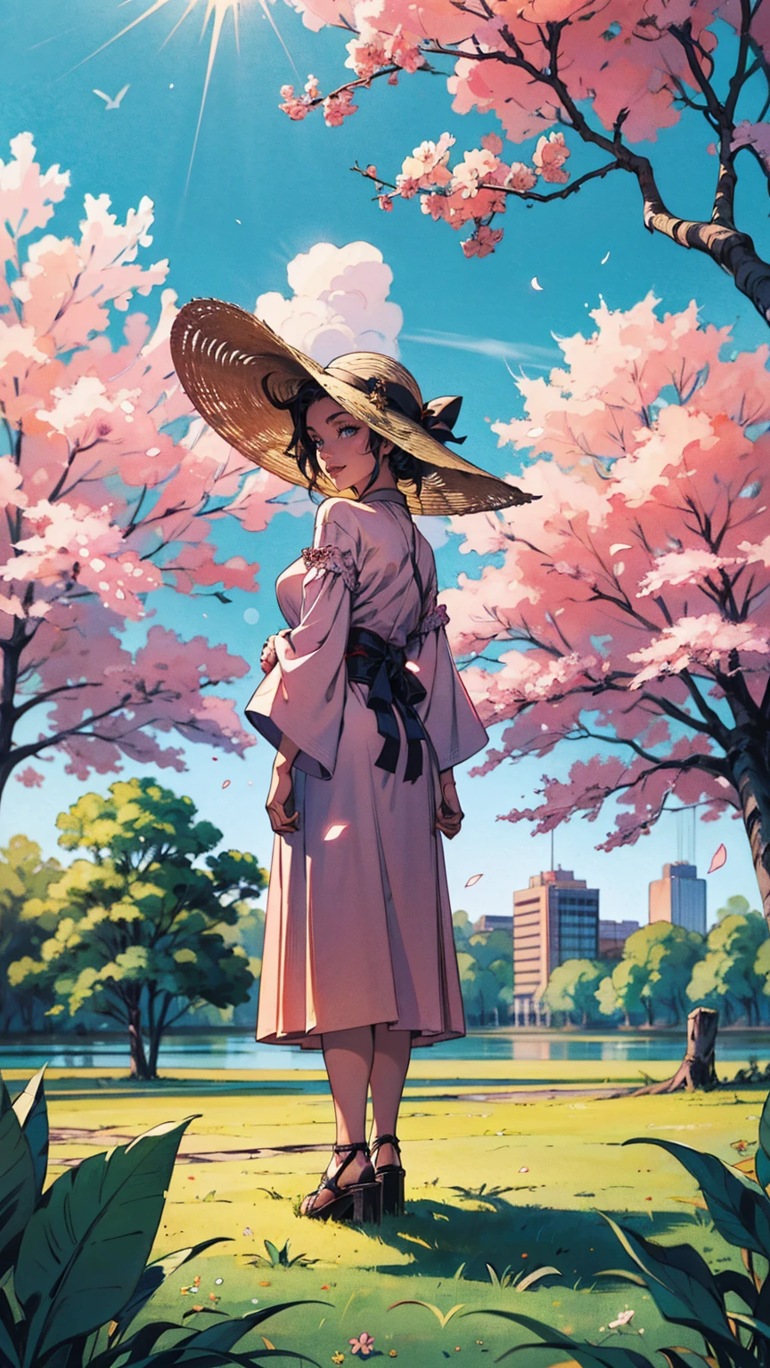 (masterpaintingelhor Quoridade),Riverside,There are many tall buildings across the river,profundidade de campo,perfect lighting,light particleelhor Quoridade),(masterpaintings),(hiper detalhado),sharp focus,light particles,a beautiful Chinese woman standing in a cherry blossom field with a sun hat and wearing pink halter dress, longos cabelos castanhos ondulados, wearing sunglasses, alto e magro, Beautiful, sorriso sutil, Olhando_em_espreitando o espectador,sorrir,sozinho,open sky_Clothes,Arms back,standingn, e de corpo inteiro,Japanese style costume,raio de sol,The tree,De boca aberta,Arms back,cabelos azuis,orelhas brancas,fuchsia eyes