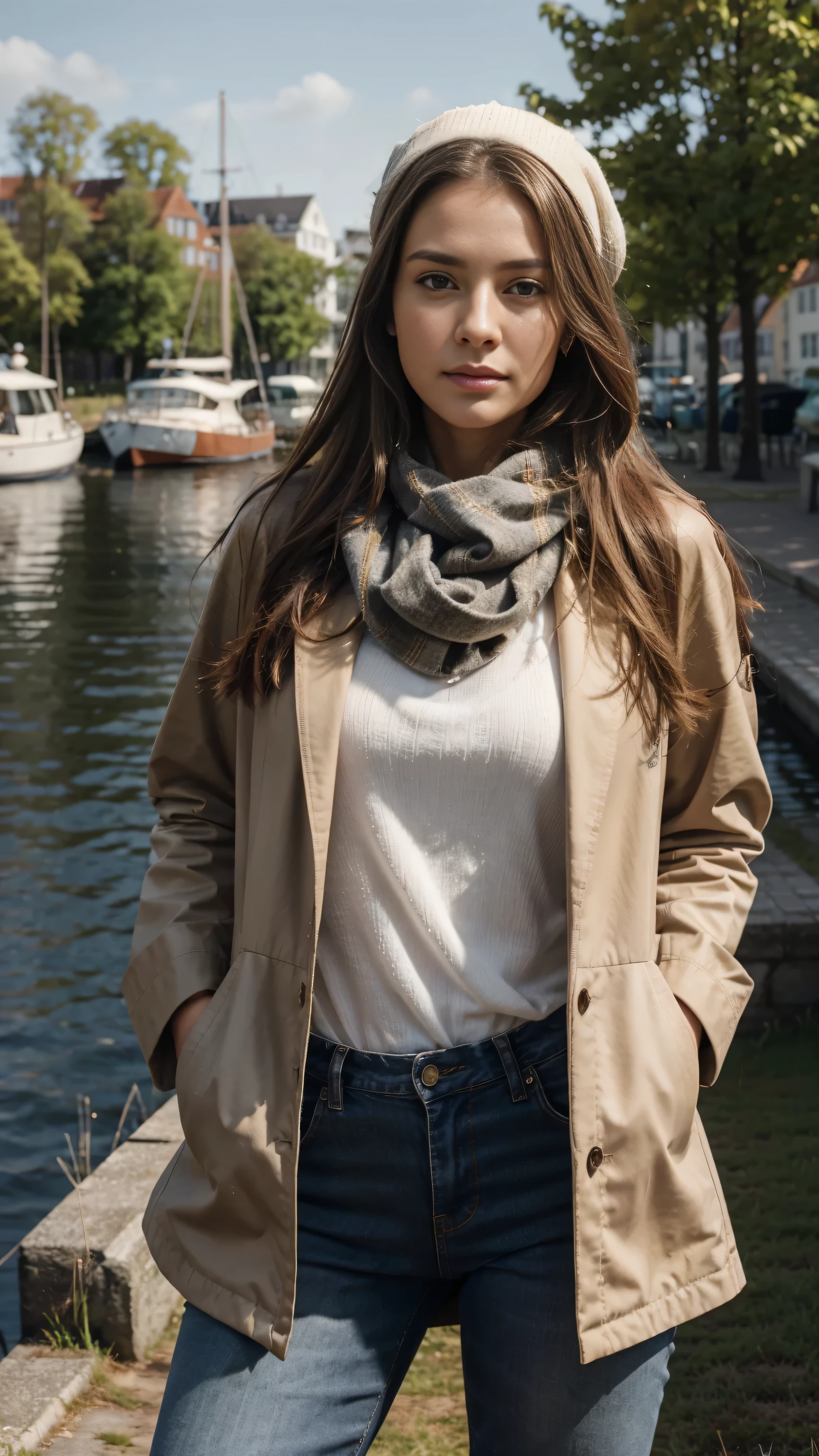 (Masterpiece:1.3), high definition, ultra-detailed, ultra-detailed CG Unity 8k wallpaper, realistic, photorealistic, RAW photo, beautiful detailed face, pale skin, realistic glittering skin, detailed fabric texture, detailed hair texture, perfect body, beautiful face, accurate, anatomically correct, In this picturesque rural scene in Denmark, a 29-year-old model exudes confidence and elegance as she stands in front of a port in Denmark ((Copenhaagen)) Is. With an elegant cap on her head, her long, straight hair falls over her shoulders, highlighting her natural beauty. She stands in front of a harbour with crooked slopes in Denmark ((Copenhagen)), takes a selfie and captures the tranquility of the surroundings with her symmetrical face and hypnotic grey eyes. The model's light brown skin shines in the warm sun, while her statuesque figure blends harmoniously into the surrounding nature, Dressed in a spring outfit, Spring brown Jacket, Spring Jeans, Thin scarf, 100% Hypercraft black sunshade, her unique and refined style adds a touch of class to the rural environment of Denmark (Copenhagen). The ultra-realistic quality of the image, shot in 8k HD, highlights every detail of the rural setting and highlights the model's ability to impress with her charisma and style.