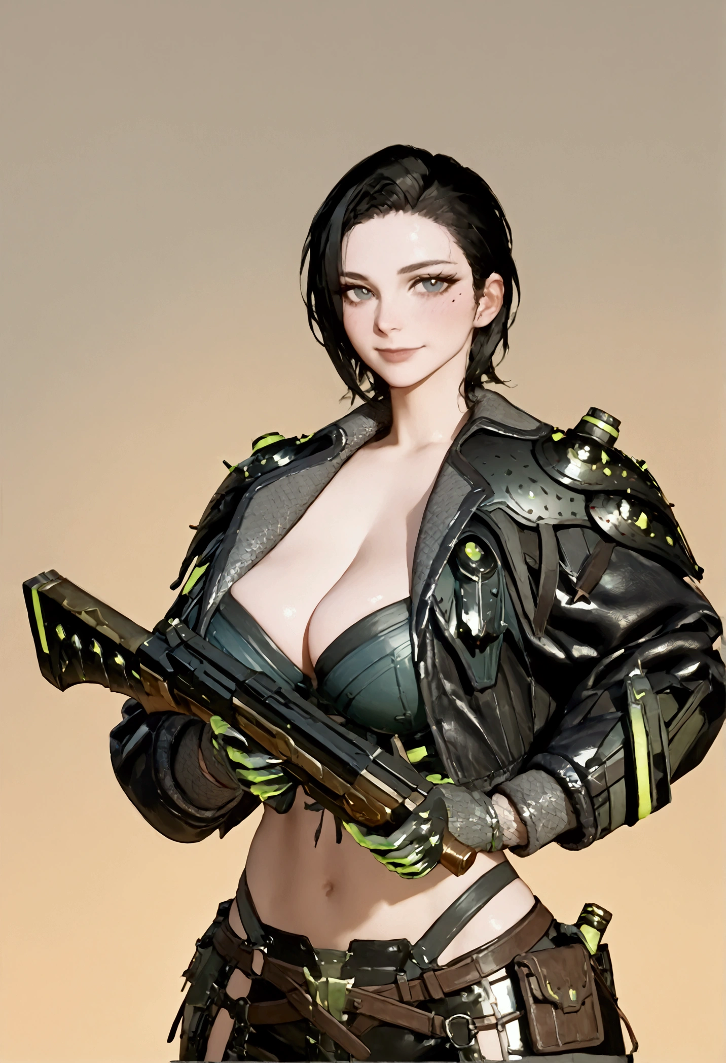 score_9, score_8_up, 1girl, female, solo, score_9, score_8_up, score_7_up, score_6_up, score_5_up, score_4_up, BREAK, 1girl, solo, big breasts, breasts, score_9, score_8_up, score_7_up, source_anime, 1girl, big breasts, smile,looking at the viewer, score_9, score_8_up, score_7_up, masterpiece, high quality, BREAK
 freyna, short hair, cyberpunk, jacket, armor, gloves, glowing, bustier, cleavage, belt, leather pants, holding gun, rifle, smile, mole under eye, in a cyber laboratory elijahzx style