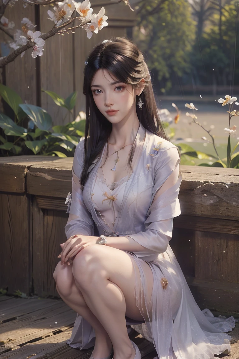 dress, ((knee shot)), fashi-girl, red lips, mature female, makeup, photorealestic、real photograph、((realisticlying:1.5))、There are white butterfly orchids around the hair，Lilac dendrobium、white lilies、1 girl in、Brown hair、floated hair、Hazy beauty、A plump chest, Nice, cleavage, slender leg, Seductive legs, posing elegantly, Have extremely beautiful facial features、Hairpin on the head、perfect hand、(springtime、raining day、butterflys、precipice)、 vectorial art、Chinese contemporary art、Soft lighting、looking-down