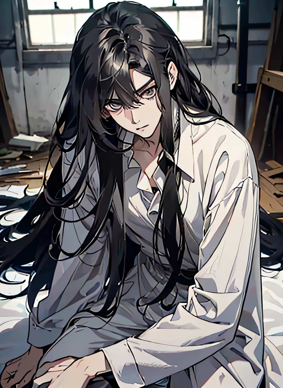 Draw an image in 8k quality ((manhwa style)) of a young man, with (long hair and long fringe)), gray eyes, androgynous face, ((slim body proportional)), melancholy look, he has a thoughtful expression on his face. He is dressed in a white dress shirt and black pants. Sitting in front of a dilapidated dorm.