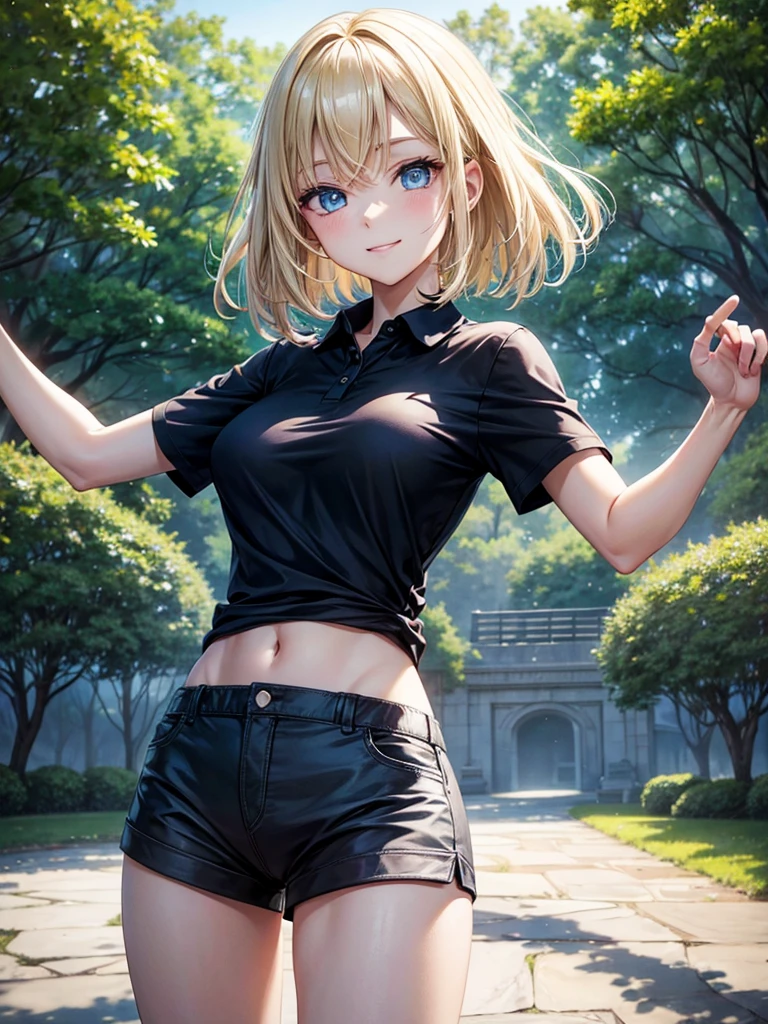 Anime style, super fine illustration, highly detailed, beautiful detailed, pale tone image, static representation, gentle expression, 8k, pretty 1girl with blonde straight short hair & blue eyes & a bright smile & full bust & soft fair skin is wearing the black polo shirt  & sportshorts, in the park, in the morning, in the brilliant particles of lights, romantic stories, solo, perfect 5fingers, perfect arms, perfect legs, masterpiece.