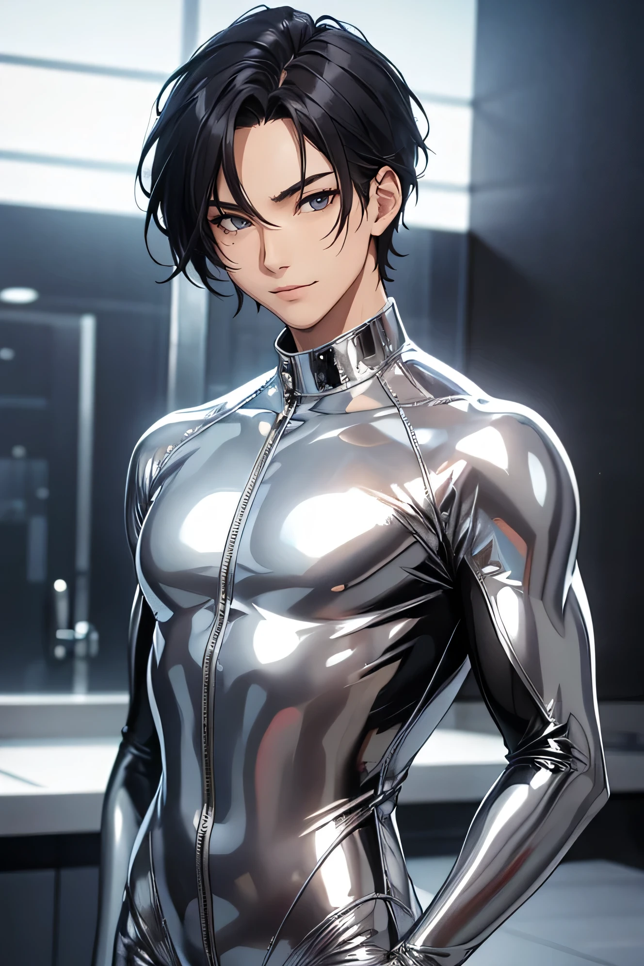 Handsome Japanese male models 18-year-old smile Black Hair Short cut smile looking at the camera Upper body face up Shiny full-body silver suit Shiny silver latex suit