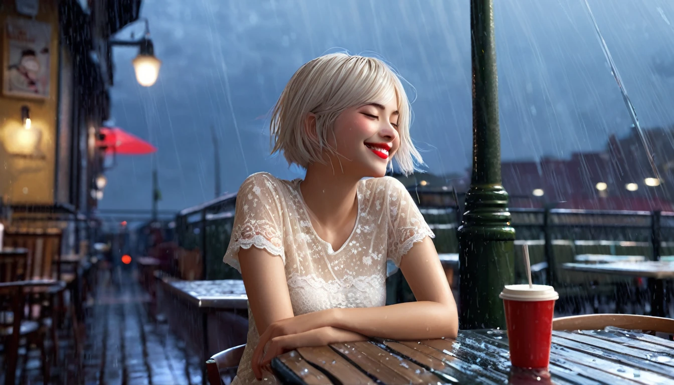 (8k, Highest quality, masterpiece:1.2), (Realistic, photo-Realistic:1.37), Very detailed,((( 1 girl))),alone,Beautifully detailed skies,Detailed Cafe,night,Sitting,Date,(Red nose),(smile:1.15),(Mouth closed) Small breasts,Beautiful attention to detail,(shirt:1.1), night, Wet, rain,White lace, (short hair:1.2),Floating Hair NovaFrogStyle, ((whole body)),stand, sexy, cute