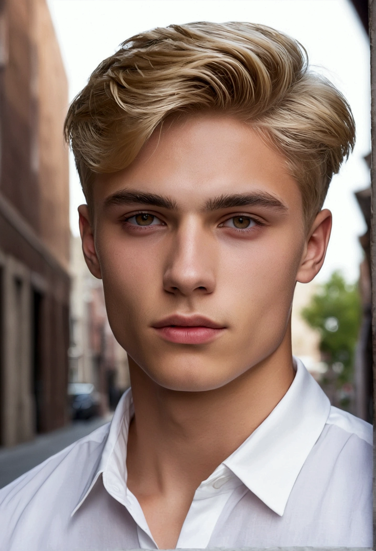 photography, Young male perfection, 18 ans, strong jawline, no cleft chin, full lips, Roman nose, short blonde hair, hazel eyes, hyper realistic, 8k --v 4 whole body in the town, modern look, white shirt, old money style, sexy
