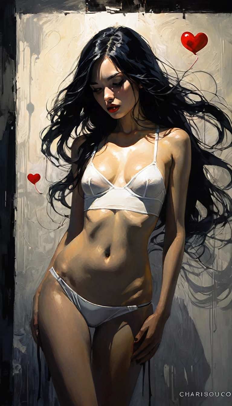 girl with long black hair, very small tits, speech bubble, great detail, many talking hearts, {{{movement lines}}},, {{panties aside}},, eroticism, sexy, white image and black, between shadows, oil painting, chiaroscuro, sensual, dramatic lighting, moody atmosphere, photorealistic, intricate details, masterpiece, ultra-detailed, high quality, 8k, best quality, realistic, cinematic, Dark and melancholic composition, expressionistic and powerful , emotional impact, art inspired by Bill Sienkiewicz.