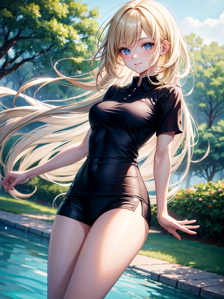 Anime style, super fine illustration, highly detailed, beautiful detailed, pale tone image, static representation, gentle expression, 8k, pretty 1girl with blonde straight short hair & blue eyes & a bright smile & full bust & soft fair skin is wearing the black polo shirt & sportshorts, in the park, in the morning, in the brilliant particles of lights, romantic stories, solo, perfect 5fingers, perfect arms, perfect legs, masterpiece.
