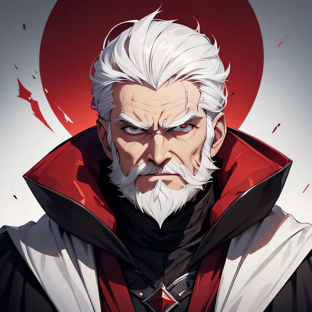 An evil emperor, rosto de frente, white bearded, White hair, red cloak, villain face