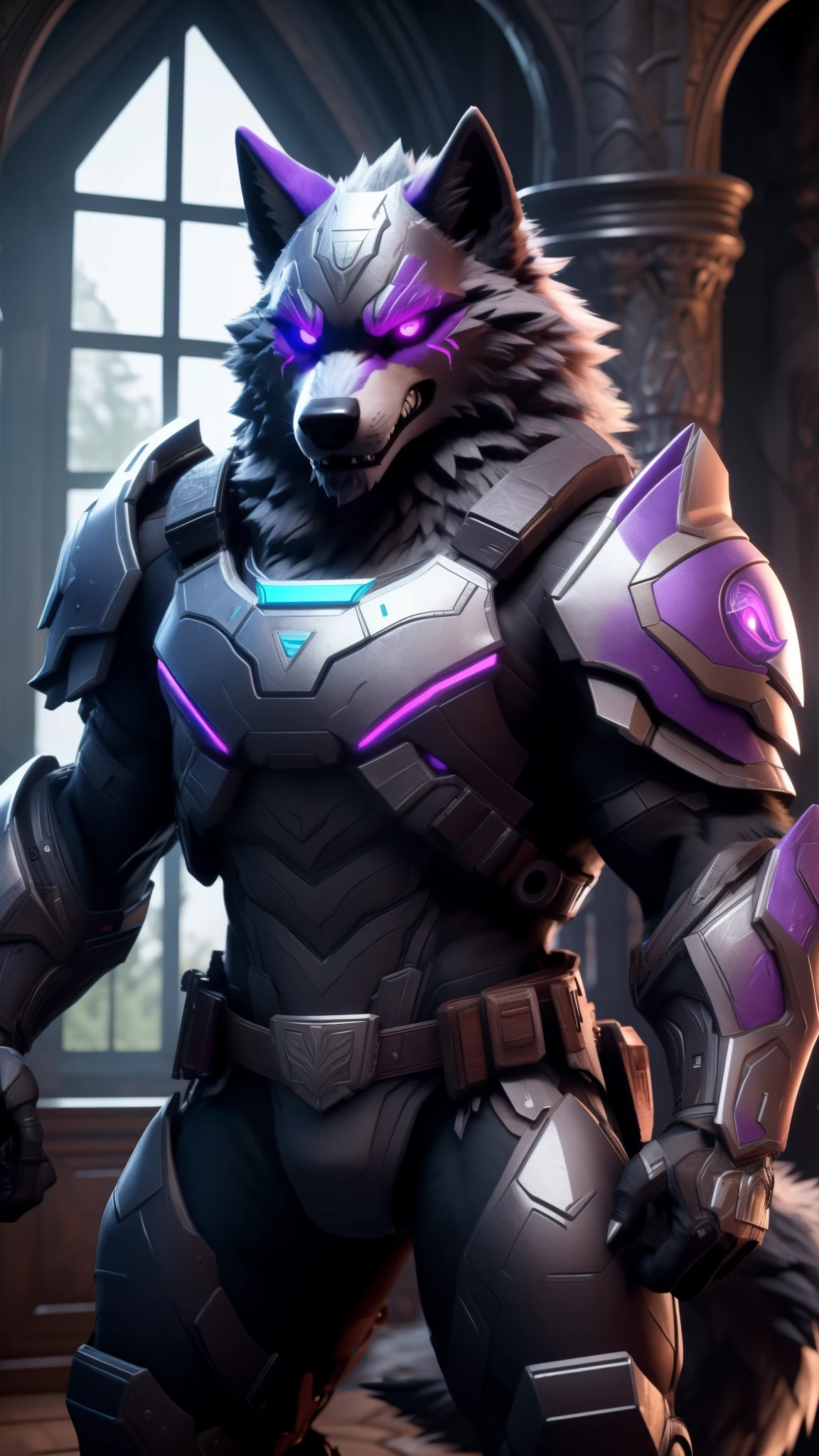 Sexy posting, Male, 30 years old, cute, eyeliner, big evil grin, anthro, wolf ears, (black fur:1.0), Timberwolf, inside castle background, 8k, hi res, (best quality, masterpiece), (wolf tail:1.5), detailed fur, solo, glowing purple eyes, power armour, Mark two, detailed face, detailed eyes, mark 2,