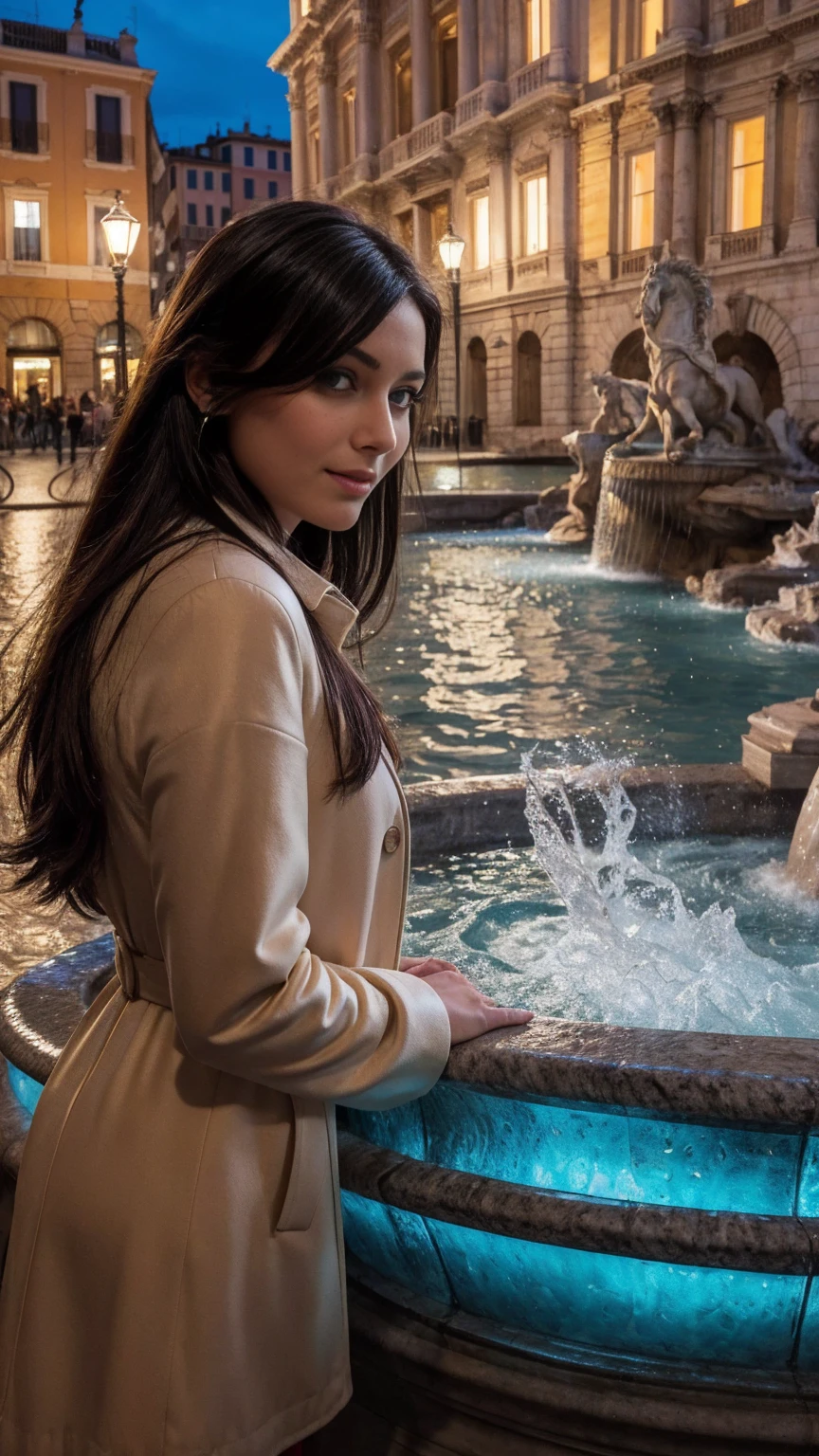As twilight descends upon the Eternal City, our captivating subject finds herself by the iconic Trevi Fountain. The last vestiges of daylight mingle with the warm glow of street lamps, creating a magical ambiance that seems to blur the lines between reality and dream.
Her black and red polka dot mini-dress shimmers as it catches the light, the pattern seeming to dance with every movement. The dress is a perfect blend of modern style and timeless elegance, much like Rome itself. Her gradient hair flows freely, the beige to white transition mirroring the sky above as it shifts from dusk to night.
The orange and white fluffy jacket adds a cozy touch to the ensemble, its soft texture contrasting beautifully with the hard, cold stone of the fountain. Her blue eyes reflect the sparkling water, filled with the same sense of wishes and possibilities that the fountain represents to so many visitors.
In the background, the intricate baroque design of the Trevi Fountain is captured in exquisite detail, from the majestic statues to the cascading water. The scene is alive with the energy of Rome at night - other visitors tossing coins, the sound of laughter and flowing water, the scent of nearby cafes wafting through the air. Every element is rendered with incredible clarity, creating a portrait that captures not just a moment, but the very essence of Rome's romantic spirit.