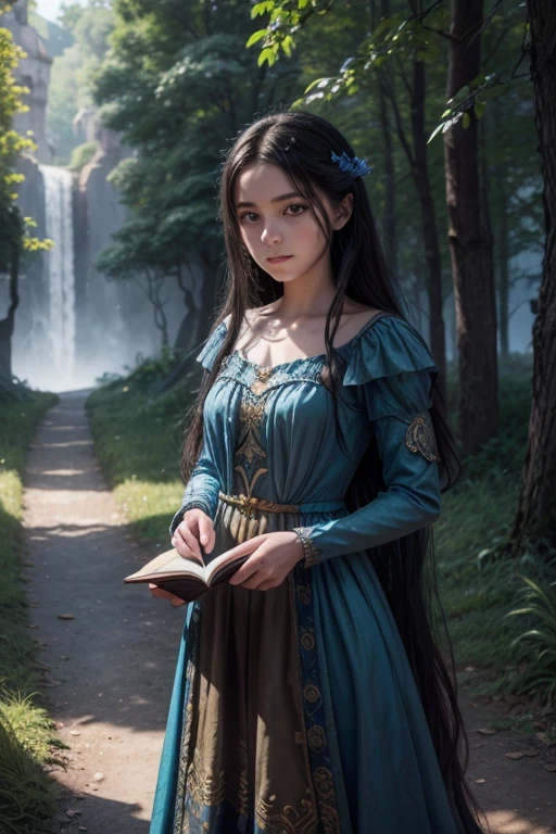 arafida girl in a blue dress, long black hair, rosto angelical, blue colored eyes, eyes large, standing on a path, 13 year old, renderizaçãrealistic fantasy, Art on Artstation, fantasy book, beautiful rendering of a fairy tale, 4k fantasy artwork, Illustrates??realistic fantasy, fantasy art 8k, fantasy genre portrait, fantasy art portrait, RPG book portrait, village girl, Anime fantasy art style. pixar.