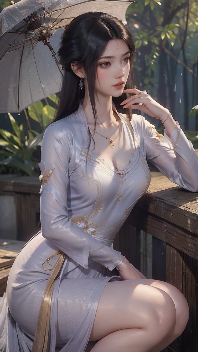 dress, ((knee shot)), fashi-girl, red lips, mature female, makeup, photorealestic、real photograph、((realisticlying:1.5))、There are white butterfly orchids around the hair，Lilac dendrobium、white lilies、1 girl in、Brown hair、floated hair、Hazy beauty、A plump chest, Nice, cleavage, slender leg, Seductive legs, posing elegantly, Have extremely beautiful facial features、Hairpin on the head、perfect hand、(springtime、raining day、butterflys、precipice)、 vectorial art、Chinese contemporary art、Soft lighting、looking-down