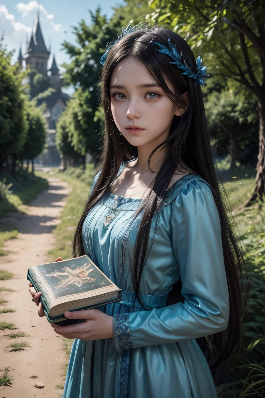 arafida girl in a blue dress, long black  hair, rosto angelical, blue colored eyes, eyes large, standing on a path, 13 year old, renderizaçãrealistic fantasy, Art on Artstation, fantasy book, beautiful rendering of a fairy tale, 4k fantasy artwork, Illustrates??realistic fantasy, fantasy art 8k, fantasy genre portrait, fantasy art portrait, RPG book portrait, village girl, Anime fantasy art style. pixar.