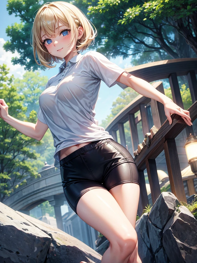 Anime style, super fine illustration, highly detailed, beautiful detailed, pale tone image, static representation, gentle expression, 8k, pretty 1girl with blonde straight short hair & blue eyes & a bright smile & full bust & soft fair skin is wearing the black polo shirt & sportshorts, in the park, in the morning, in the brilliant particles of lights, romantic stories, solo, perfect 5fingers, perfect arms, perfect legs, masterpiece.