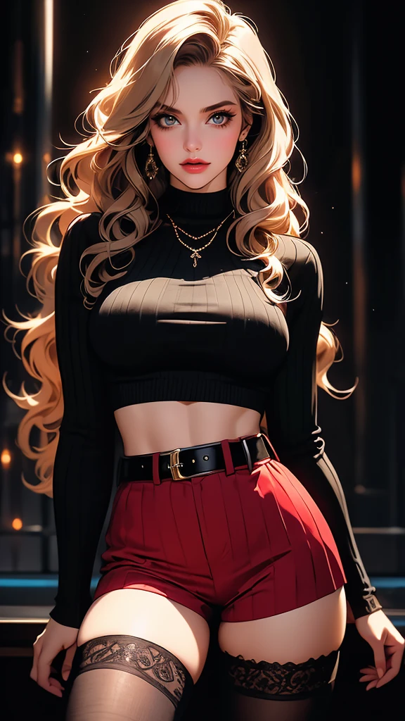 a beautiful young woman with striking, detailed eyes, wearing striped thigh-highs, red and white striped stockings, shorts, a black crop top tucked into the shorts, and a belt, with long curly hair, beautiful detailed eyes and lips, an extremely detailed face, long eyelashes, medium bust, nipples covered, under studio lighting, highly detailed, cinematic lighting, photorealistic, realistic skin texture, in a dynamic pose, with intricate details, a warm color palette, glowing skin, hyper detailed, vibrant colors, award winning photography, ethereal, elegant, alluring, portrait. Освещение в изображении должно быть мягким и атмосферным., создание мистической и сказочной атмосферы. - мистическая атмосфера. Изображение должно было иметь общее ощущение мистики и потустороннего мира., с еще большим количеством элементов фэнтези. (Идеальные детали: 1.1), (красивый и четкий фон: 1.2), (Чрезвычайно детализированная компьютерная графика, Ультра подробный, лучшая тень: 1.1), (мелко детализированные красивые глаза), ( полнометражный 1.1)