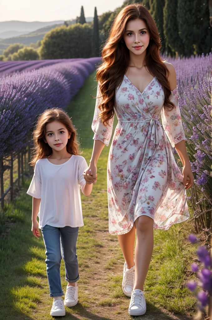 Mature woman, redhead, tall, long curly hair, brown eyes, wide nose, thin lips, jeans with the hem rolled up, white sneakers, loose white shirt holding hands with a 7 year old girl, Caucasian, thin, dark hair long straight flowing hair, big brown eyes with long eyelashes, wearing a children's floral dress, red ballet flats walking in a lavender field in Tuscany Italy at sunset with a vineyard in the background with cypress trees