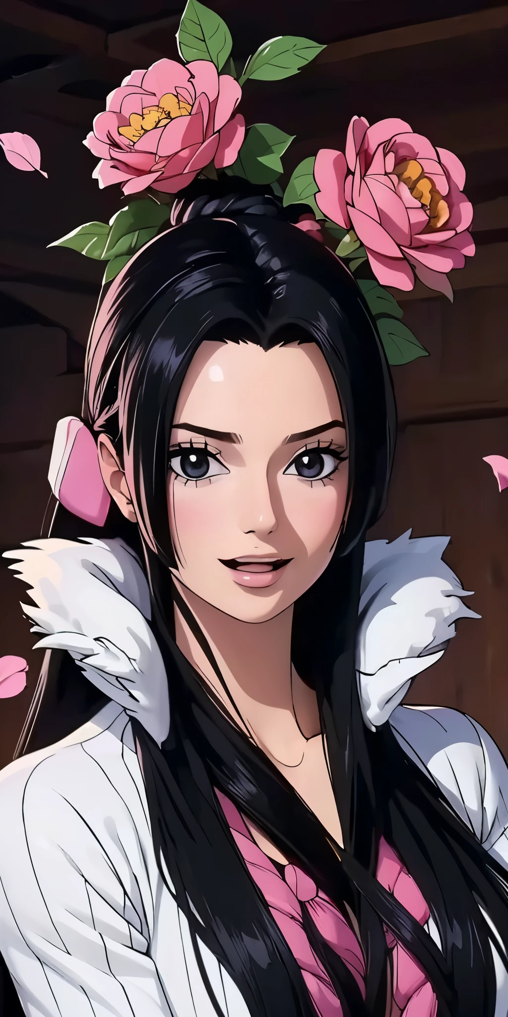 best qualityer, work of art, highy detailed,1 girl, ((Pink)), (vine), birdcage, dressing, Red Rope, (detailed light), falling Pink petals, Boa Hancock, (work of art:1.5), detailed photo, smiling, ly, (8k, photorrealistic, best qualityer: 1.4), (1 girl), beautiful face, (Anime realistic face), (Bblack hair, long hair: 1.3), beautiful hairstyle, realisticeyes, beautiful and detailed eyes, (realisic skin), beautiful fur, (sweater), absurdrez, appealing, ultra-high resolution, ultra realistic, High definition, golden ratio, (sexcited:1.5)