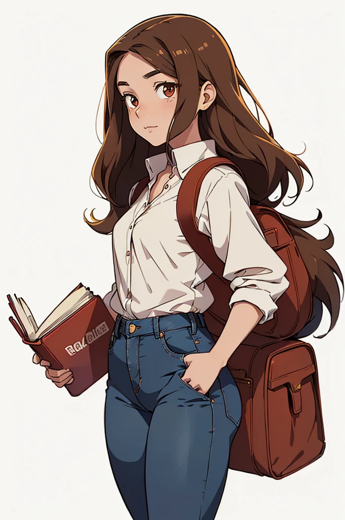(1 girl, solo), (girl is young, 20yo, (brown long hair), standing, looking at the viewer, carrying a backpack, (holding some books under her arms), jeans, (red blouse), big eyes, slim body, Friendly expression on the face, (well-detailed face)), sunny day, (ultra detailed) ((best quality)), (full body), (white background), (side view)