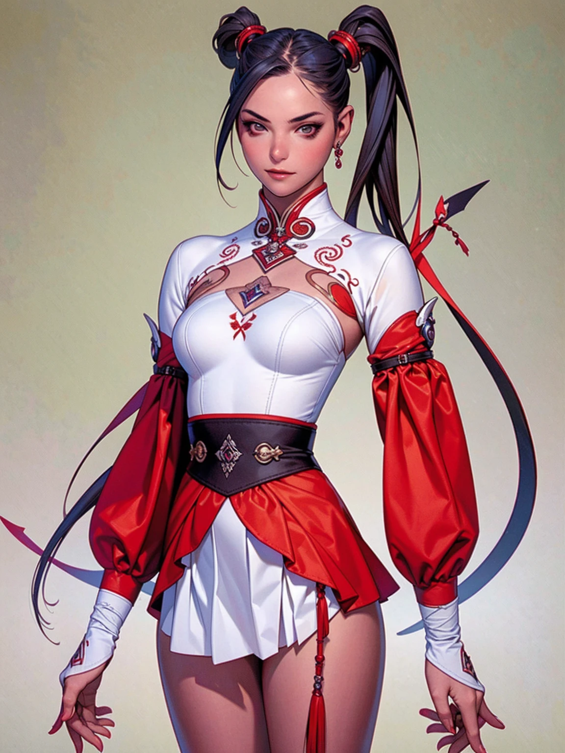 Create a cool character for a gacha game based on the game Zenless Zone Zero, female character in devil clothes in warm colors, S-level fire elemental character, devil horns and tail, beautiful and cute face, corpo de nymph, lolly, haughty, devilish smile, wielding a serrated sword, pose de atitude, A beautiful , 14歳, super skinny, short mini skirt, wide belt, garter belt with black tights, thigh holster, breasts small, perfect little ass, narrow hip, Waist slender, pose sexly, ((ponytailhair style))), posing for manga cover photo, dynamic pose, malicious smile, seductiv, malicious, obscene, shamelessly, young, Stupid, nymph, manga style, random ethnicity, (((MMA fighter))), ((( red dress ))), (((bandaged arms))), ((high collar)), (((darkskin)), (((micro skirt with vertical seams))), (((best qualityer: 1.4))), (Unbeatable masterpiece), (hiper HD),(CG 8k hyper-realistic), (((hyper feminine))), sexly girl, king of fighter, ((( sculptural body ))), (((1 girl))), garota de 14歳 com perfectbody e magro,Beautiful and well-groomed face, (Head to thigh photos), Complex equipment, (((standing alone))), pirralha violent, (((14歳))), sexly, pose de atitude, work of art, (((manga style))), bounty hunter, violent, Manic, evil face with malicious smile, slenderbody, thin but strong, perfectbody, roupa moderna, advanced technology, neon, sleeves with vertical striped pattern, neutral background, (( cowboy shot )). intricate visual