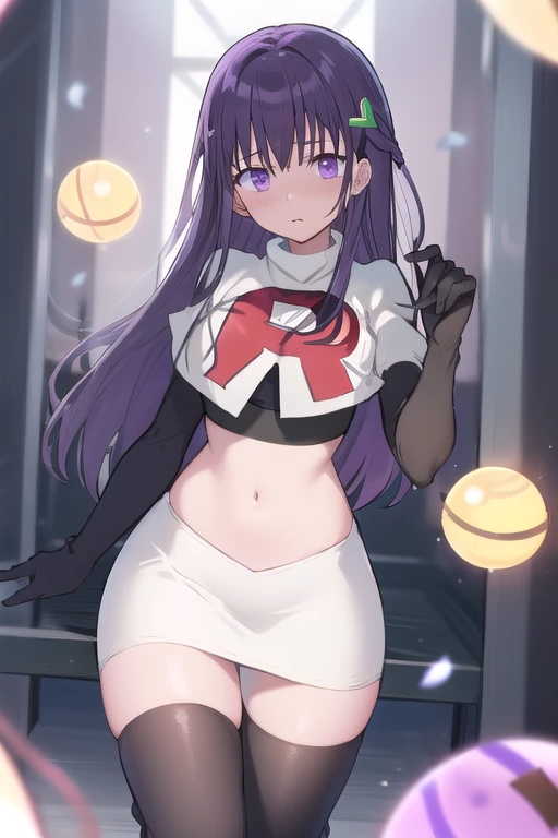 best quality, masterpiece, ElfinePhillet, purple hair, hair ornament, purple eyes, hair clover,scared, glowing magic orbs, team rocket,team rocket uniform,white skirt,red letter R,crop top,black thigh-highs,black elbow gloves