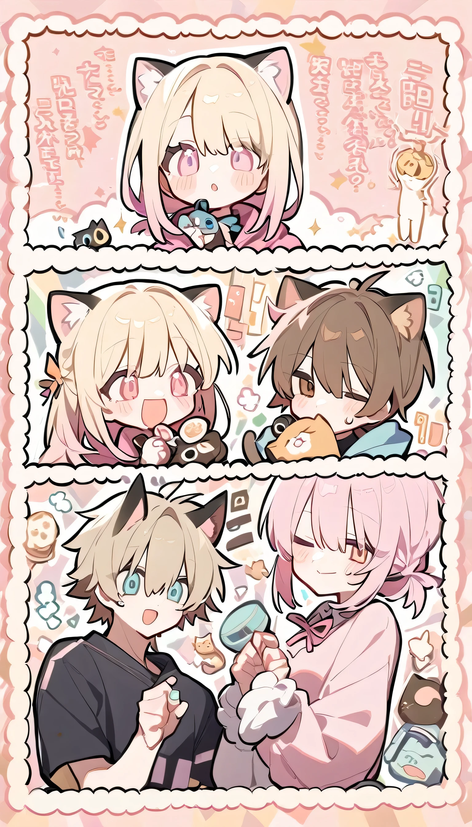 Popular Girl, Blonde, Pastel pink color. And a cunning cat boy with long brown hair.
