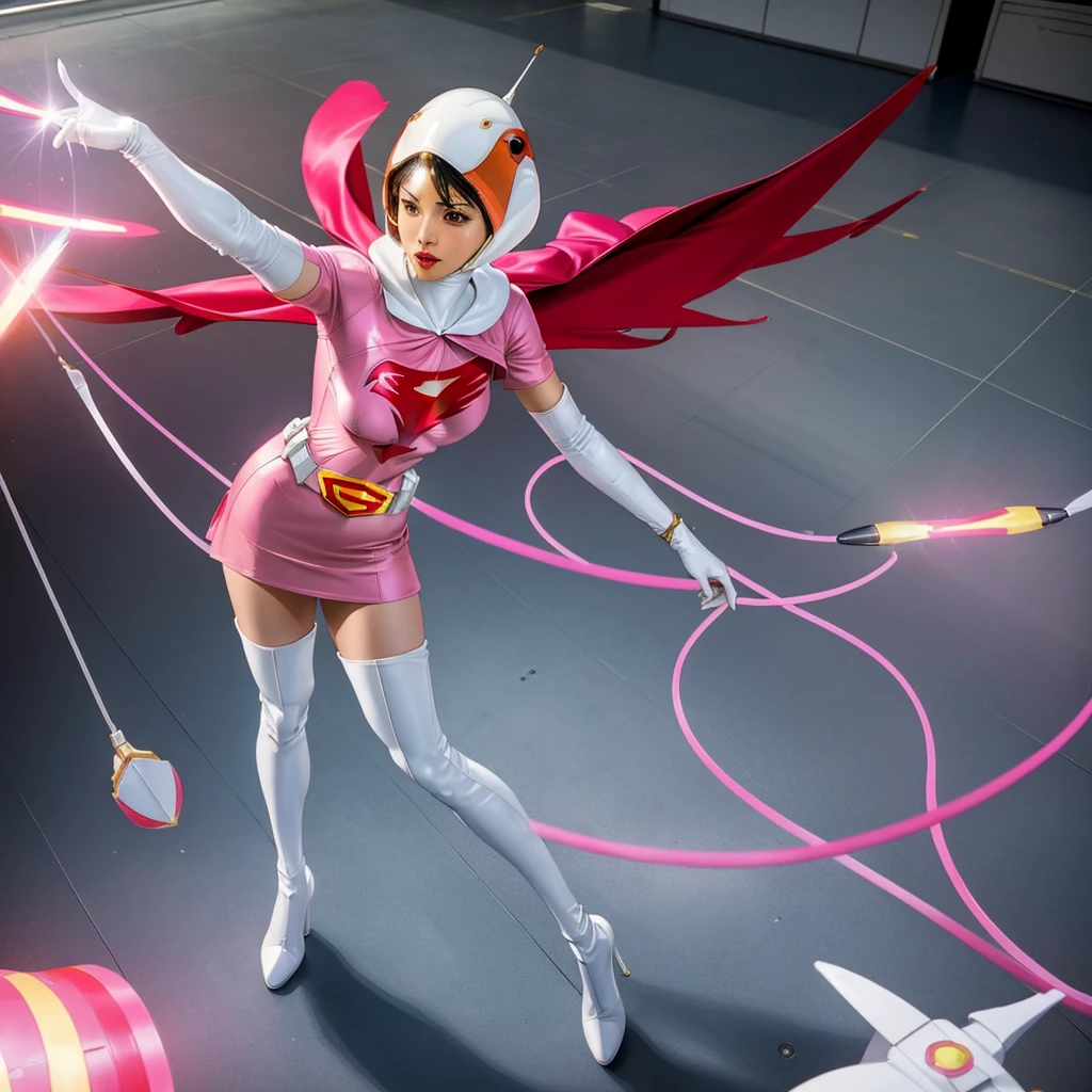ANI_CLASSIC_jun_gatchaman_ownwaifu,1girl, 15yo,good anatomy, masterpiece, best quality,realistic, hyper realistic, 16k hdr, long hair,breasts,lips,large breasts,lipstick,makeup,gloves,cape,helmet,belt,elbow gloves,white gloves,mask,ultra miniskirt,leotard,spacesuit,white tight overknee highheels boots,pink dress,superhero,bodysuit,cleavage,erected nipples,(standing pose,front view),(spread legs:1.1)