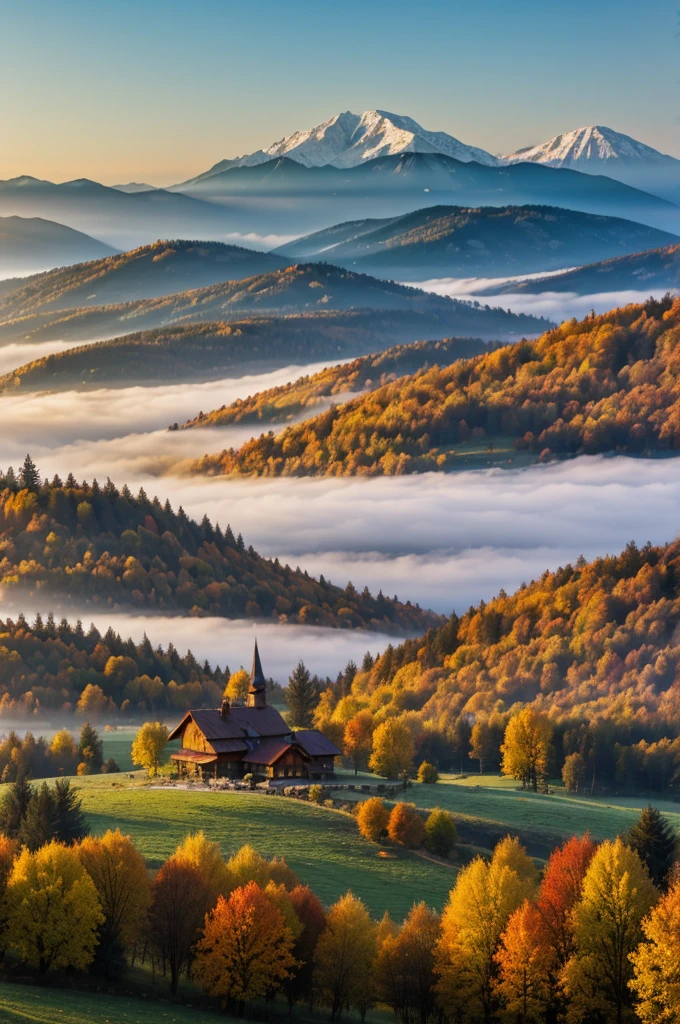 Foggy autumn scene of mountain willage with old wooden house in garden. Calm morning view of Carpathian Mountains, Ukraine, Europe. Beauty of countryside concept background. —ar 16:9 —v 5.2