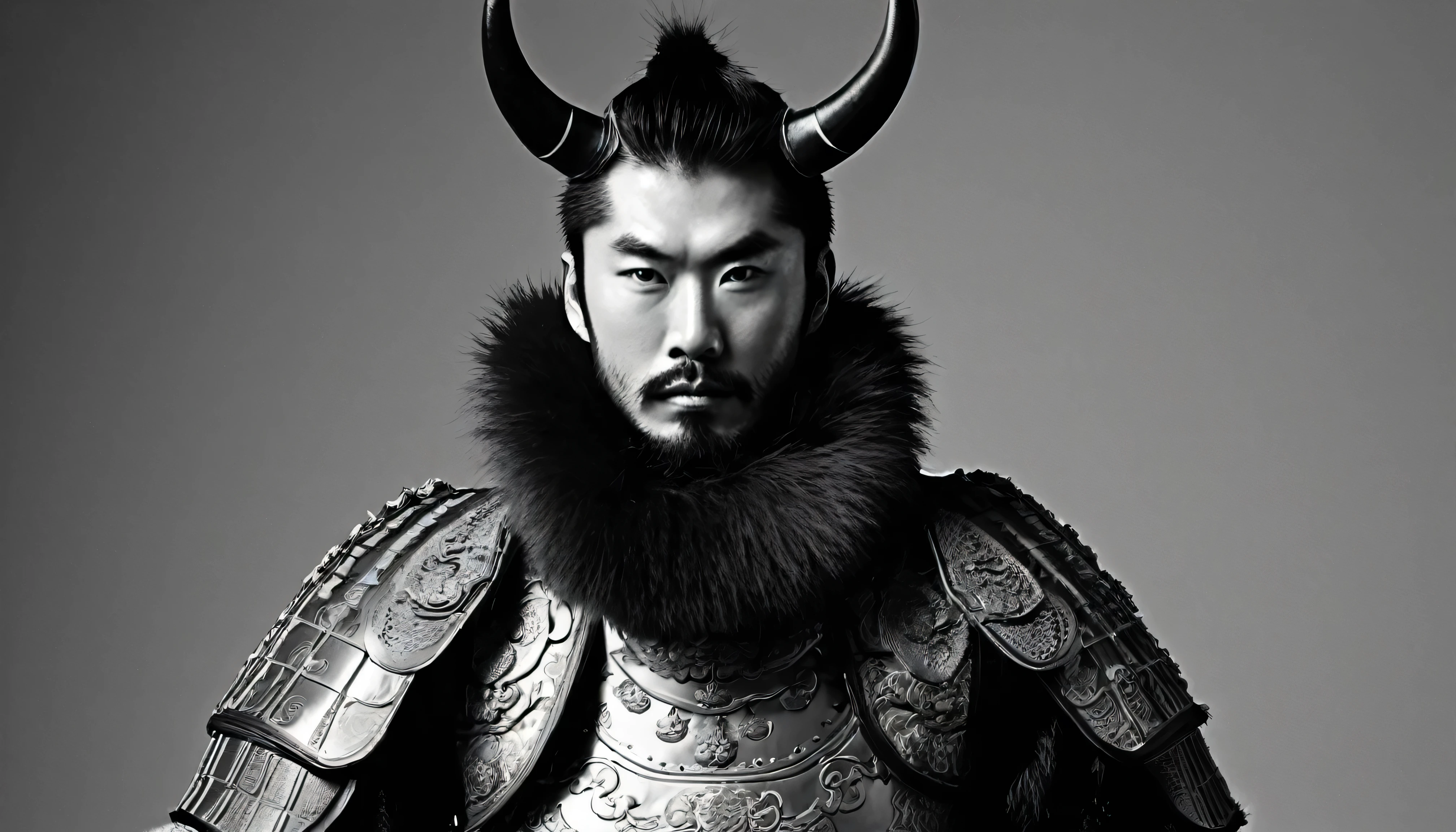 man in samurai armor with fur around the neck and waist, Wearing a devil's helmet, Dusty ornaments, Tired of fighting, Man Warrior, armor, amazing, Facial blemishes, DND Character Portrait, Complex, 8k resolution, Dynamic Lighting, Ultra-detailed, Unreal 5, Volumetric lighting, Alphonse Mucha, Pre-Raphaelites, Detailed Background, Mandala, Detailed face, Detailed eyes, neon eyes