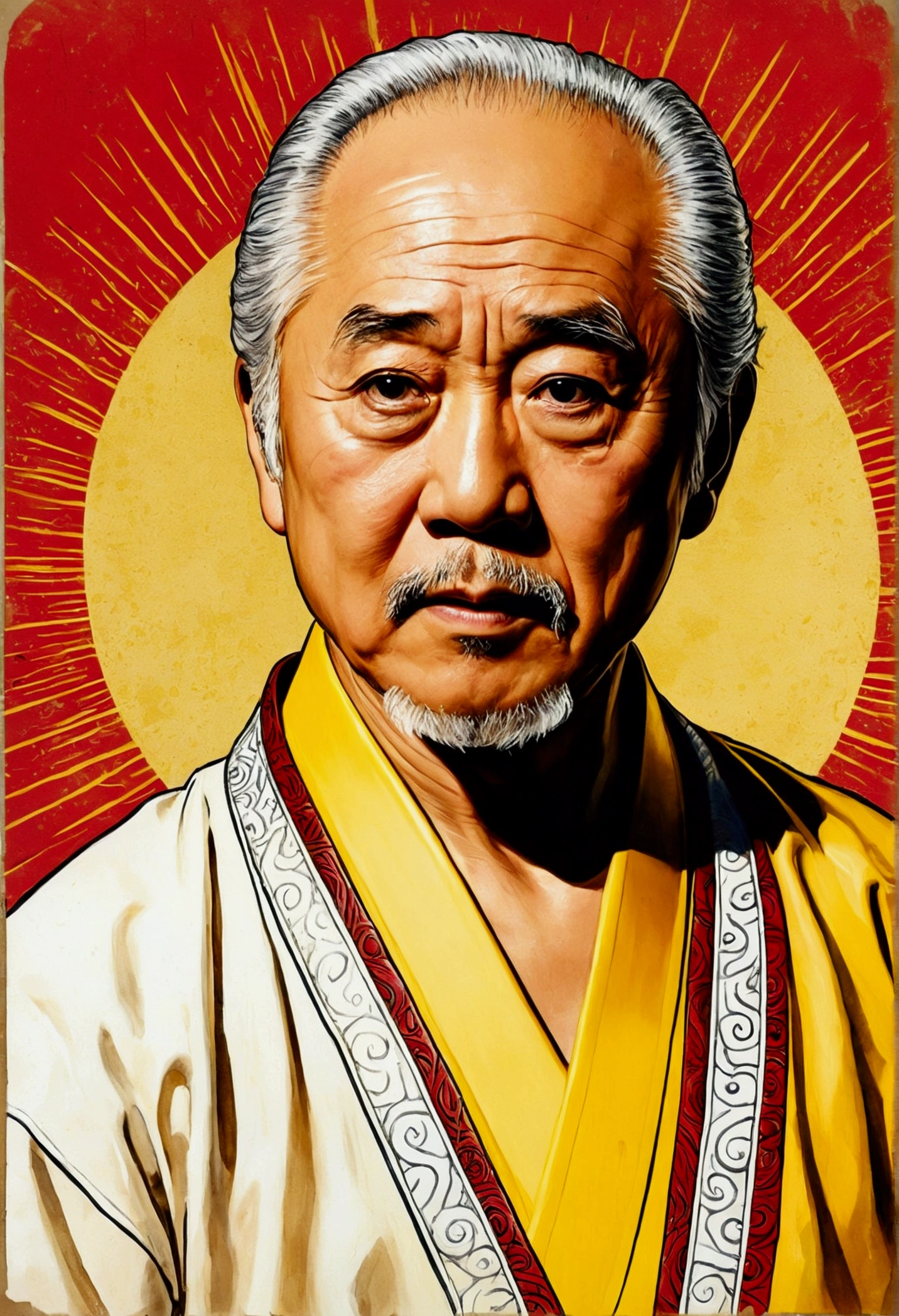 Old card of ACTOR PAT MORITA, o sr. MIYAGI EM KARATE ???, HAND MADE DRAWING, COMIC STYLE, COMICS, HQ style vintage illustration, high resolution, colors RED AND YELLOW AS BASE TONE, intricate drawing, aged paper texture, swirly vibrant colors, dramatic lighting, full body shot shot, Nevada six, nothing but an entirely white kimono and a black belt at the waist

